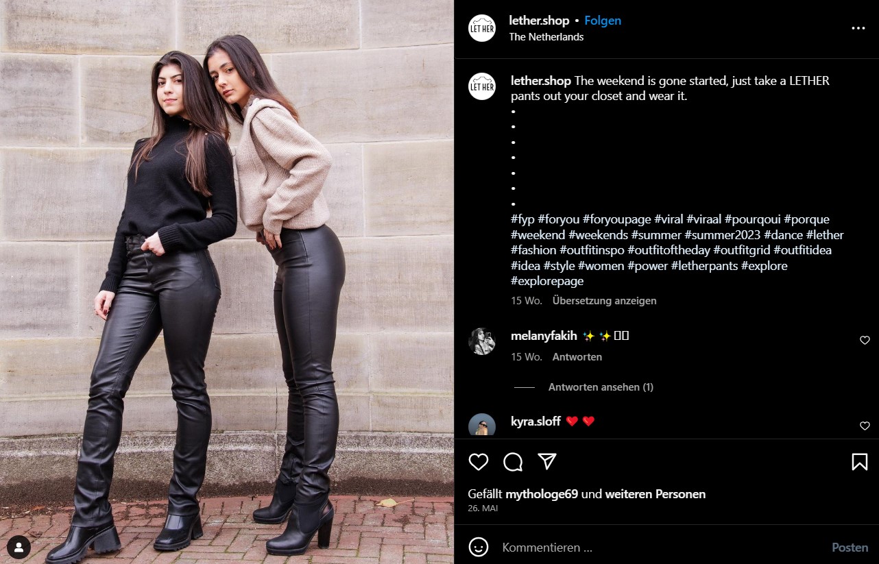 Screenshot of Instagram Post of brand LETHER about leather pants outfits